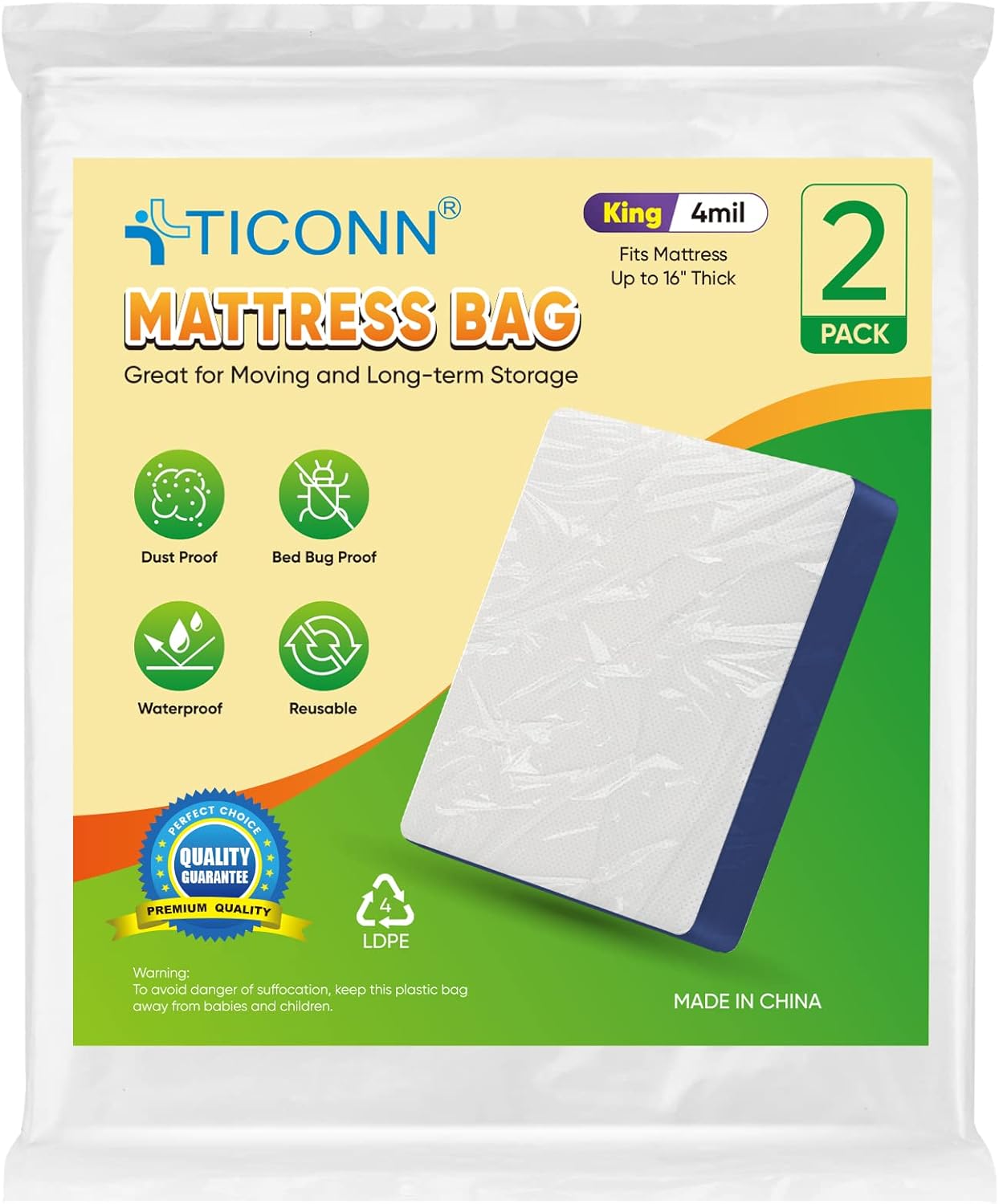 TICONN 2PK Plastic Mattress Bag for Moving Storage, Waterproof Mattress Protector Cover, Heavy-duty Mattress Moving Supplies (4 mil, King)