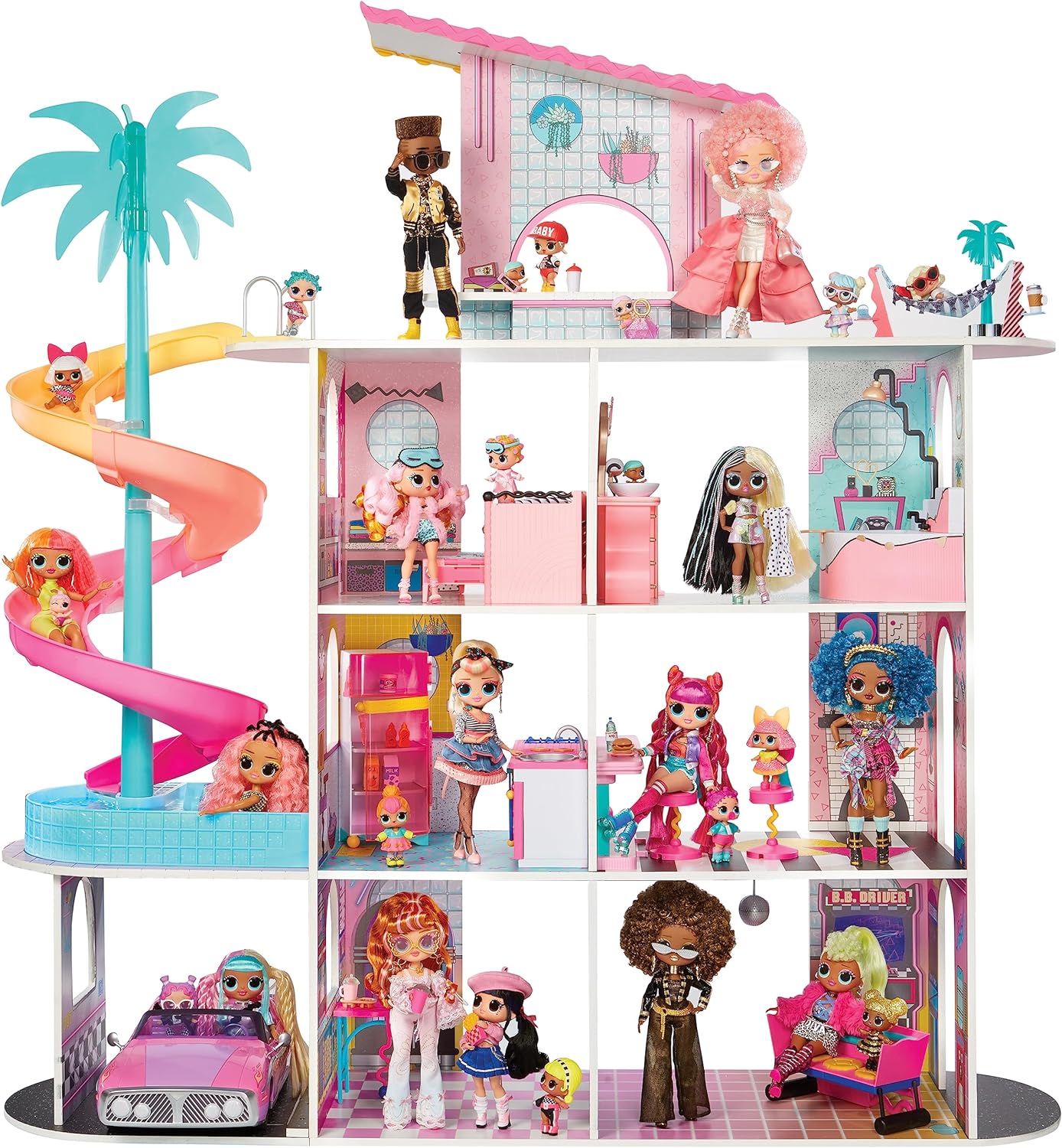 L.O.L. Surprise! OMG Fashion House Playset with 85  Surprises and Made from Real Wood Including Pool, Spiral Slide, Rooftop Patio, Movie Theater, Transforming Furniture, and More!