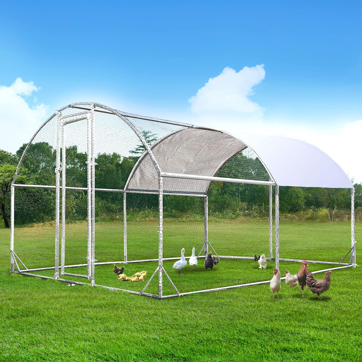 HABUTWAY Large Metal Chicken Coop,Galvanized Walk-in Poultry,Chicken Run with Waterproof and Anti-Ultraviolet Cover,Dome Shaped Metal Coop add Steel Frames for Extra Stability 12.5'L*9.2'W*6.5'H
