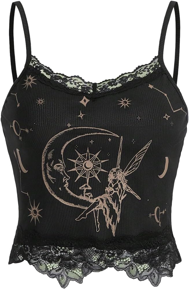 SOLY HUX Women's Y2k Lace Trim Cami Crop Top Sun Moon Print Casual Tops