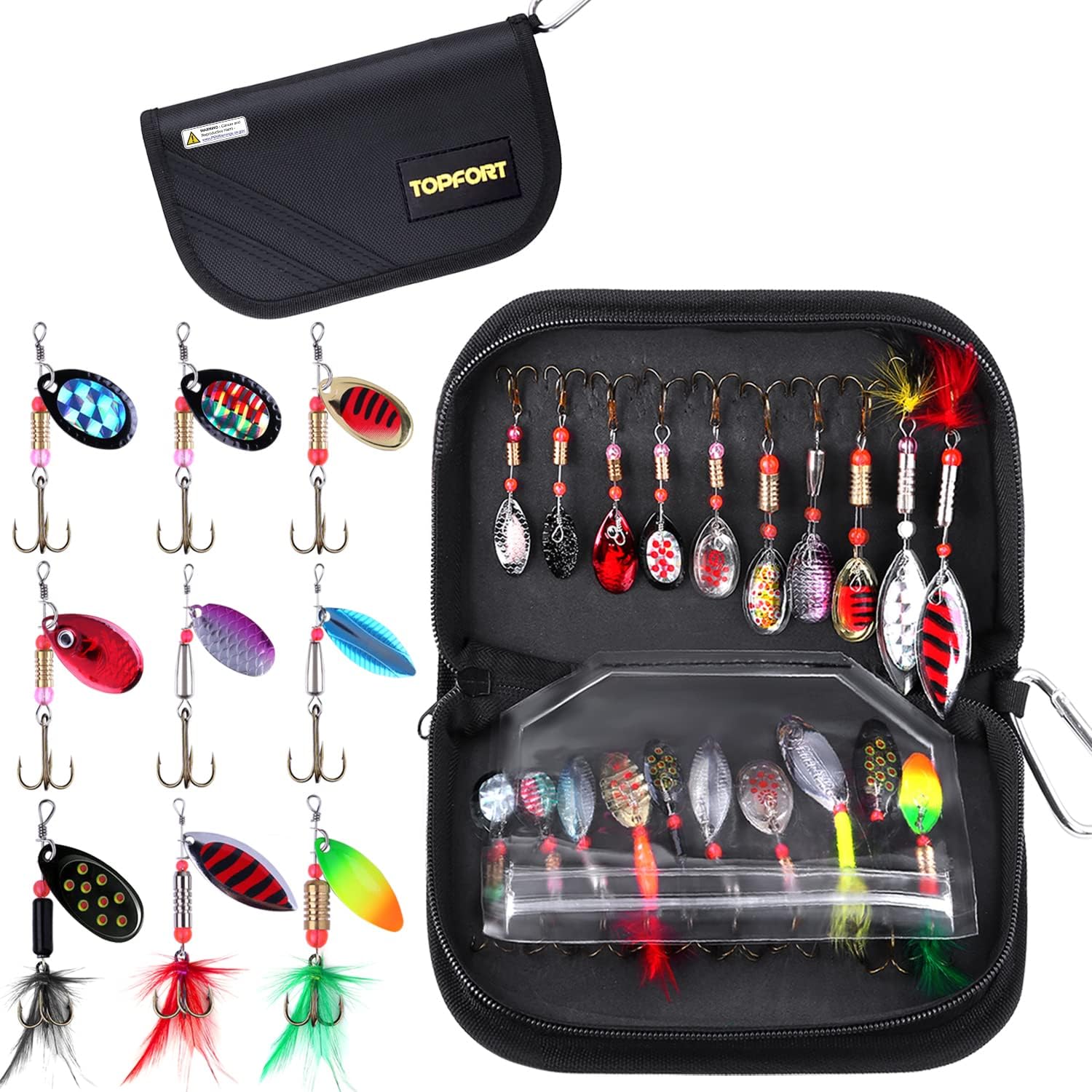 TOPFORT Fishing Lures, Fishing Spoon,Trout Lures, Bass Lures, Spinning Lures,Hard Metal Spinner Baits kit with Carry Bag (51PCS Fishing Lure with Box)