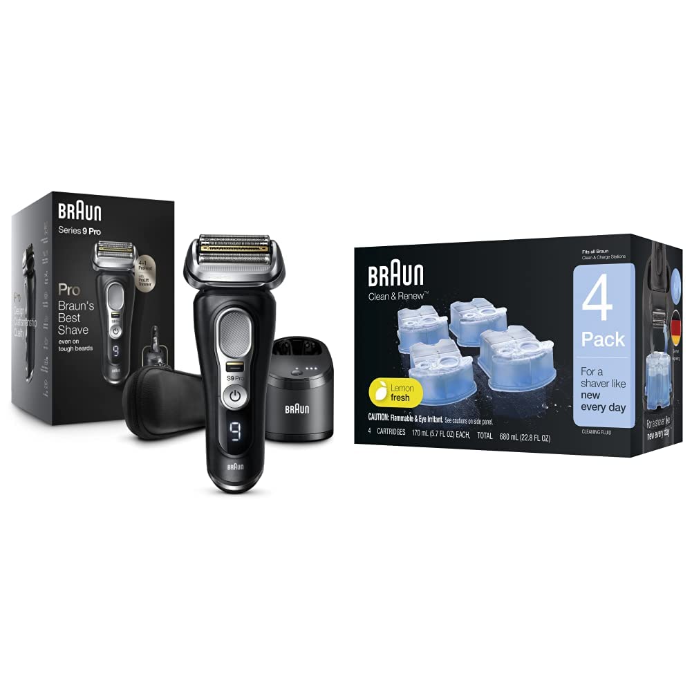 Braun Electric Razor, Waterproof Foil Shaver for Men, Series 9 Pro 9460cc, Wet & Dry Shave, With ProLift Beard Trimmer for Grooming with Clean & Renew Refill Cartridges, 4 Count, Pack of 1