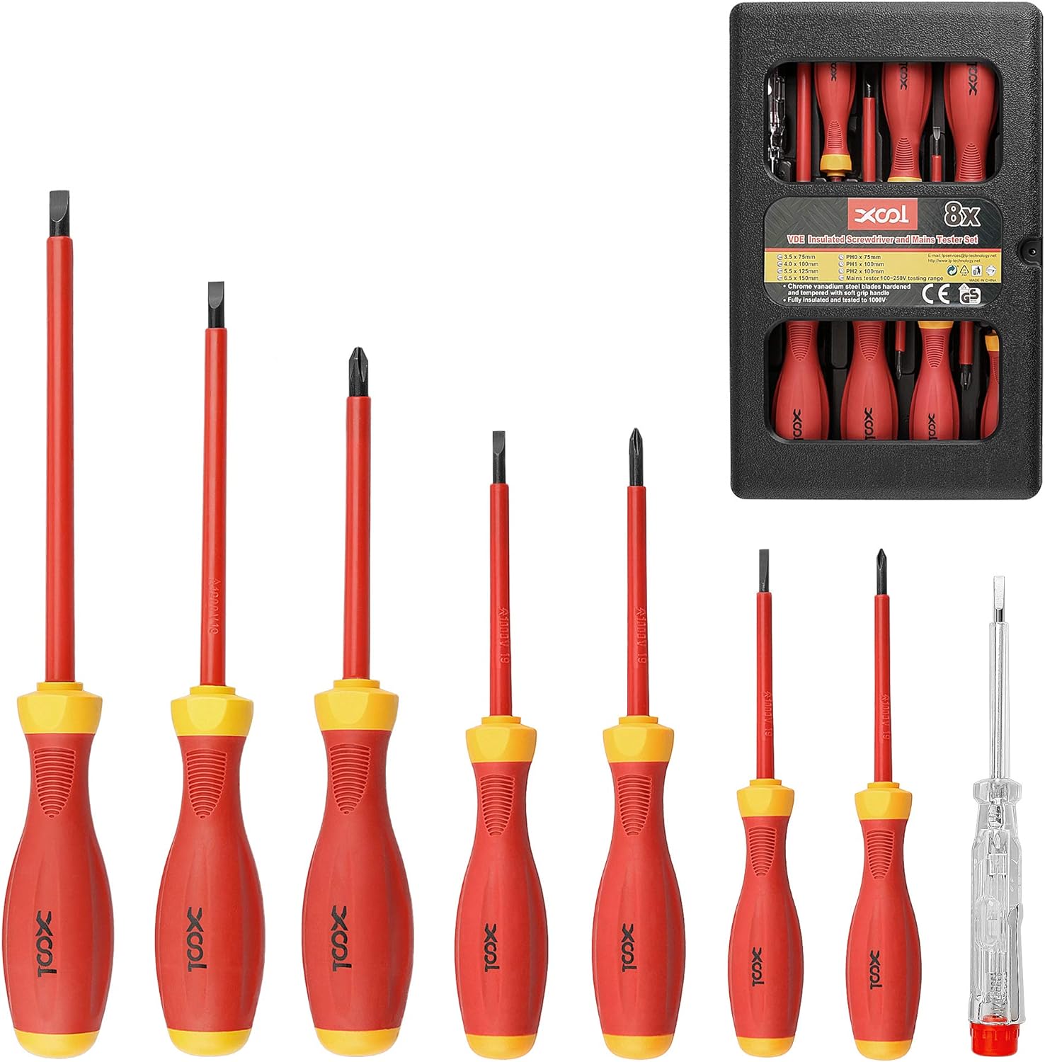 XOOL 1000V Insulated Electrician Screwdrivers Set with Magnetic Tips, Slotted and Phillips Bits Non-Slip Grip, 8 Piece