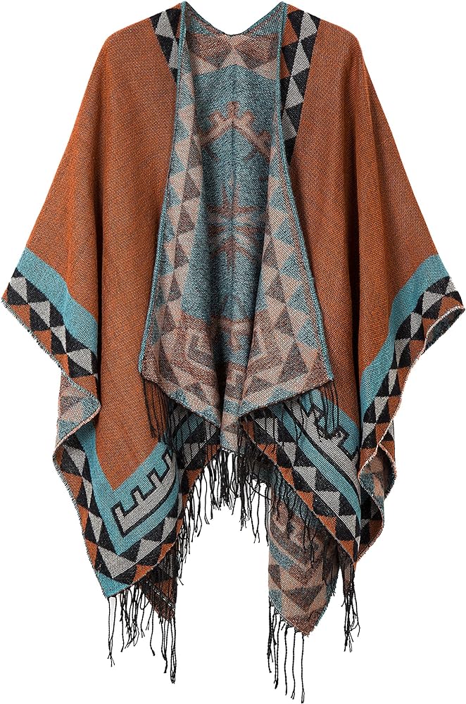 Urban CoCo Women&#39;s Printed Tassel Open Front Poncho Cape Cardigan Wrap Shawl