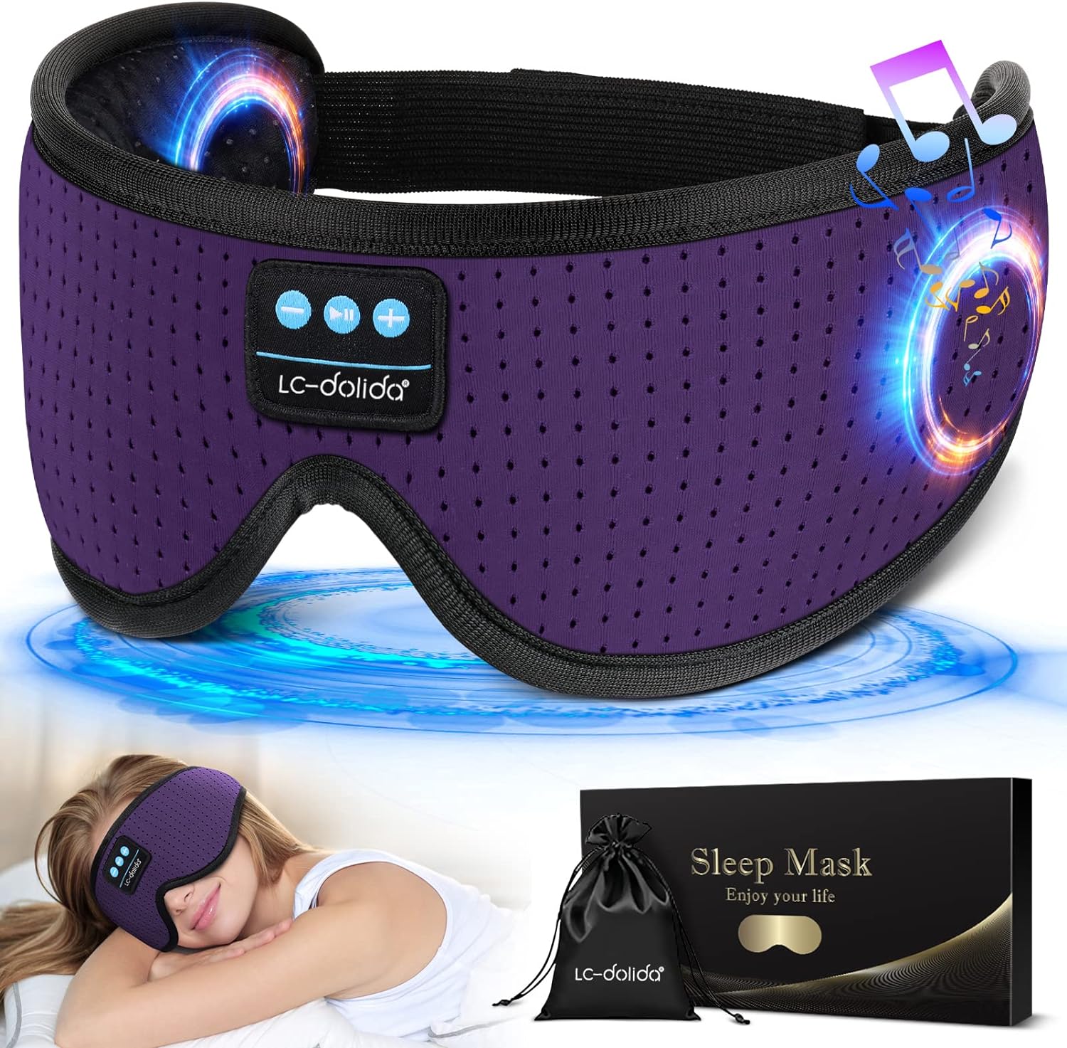 LC-dolida Sleep Headphones, White Noise Bluetooth Sleep Mask 3D Breathable Wireless Eye Mask for Timing, Sleep Mask with Bluetooth Headphones for Side Sleepers Travel Yoga,Cool Gadgets for Women Man