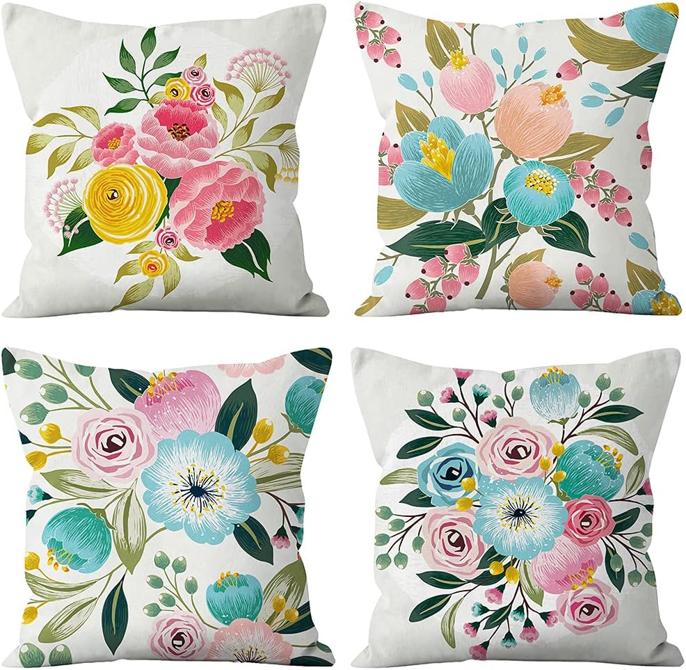 Colourful Flowers Pattern Square Decorative Throw Pillow Case Cushion Covers Outdoor Pillowcase for Sofa18 x 18 inches Pack of 4