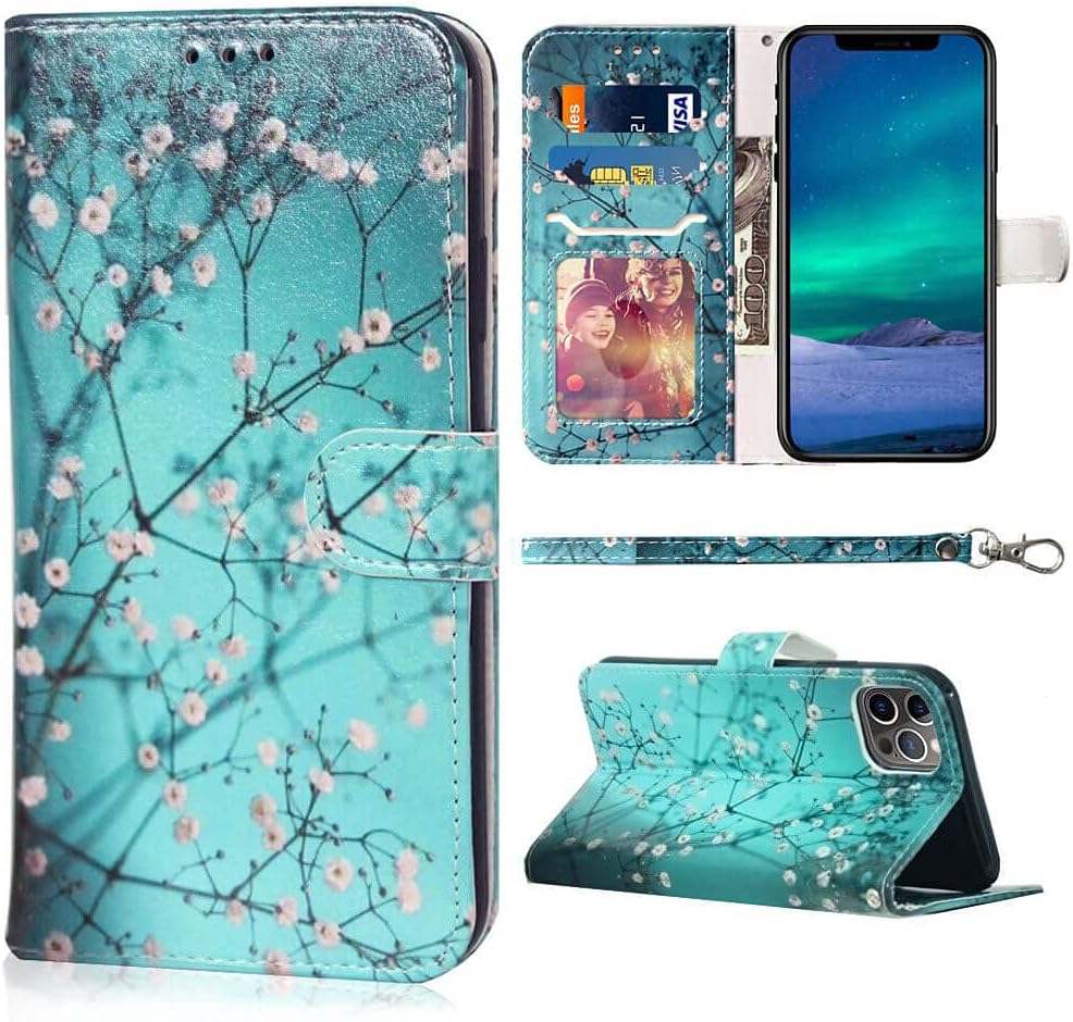 JanCalm Compatible with iPhone 12 Wallet Case/iPhone 12 Pro Wallet Case, Floral Pattern PU Leather [Wrist Strap][Card/Cash Slots] Stand Feature Flip Cases Cover for iPhone 12/12 Pro (Plum Blossom)