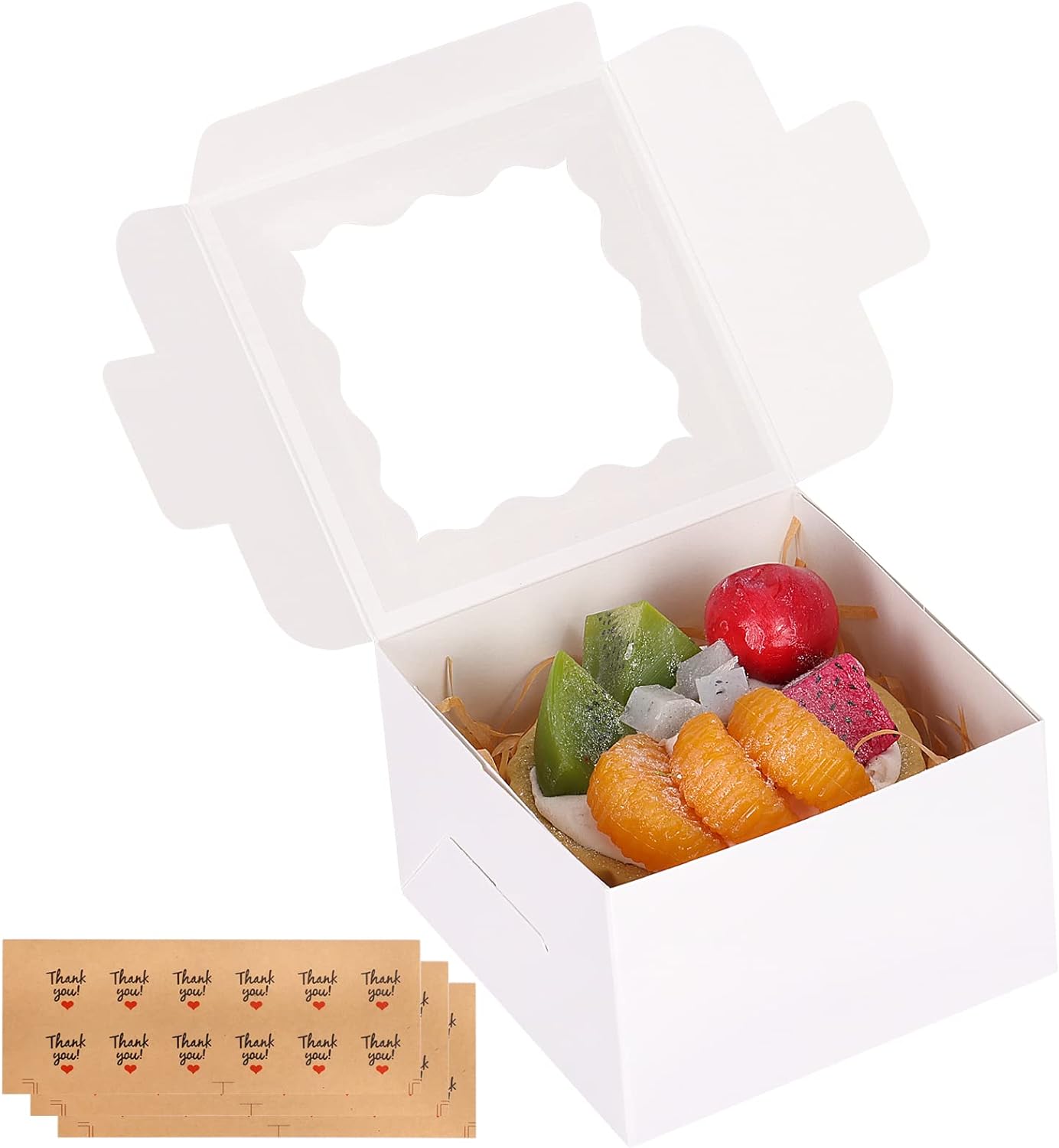 Moretoes 30 Packs 4x4x2.5 Inches White Bakery Boxes with Window Paper Cookie Box for Pastries, Cupcakes, Small Cakes