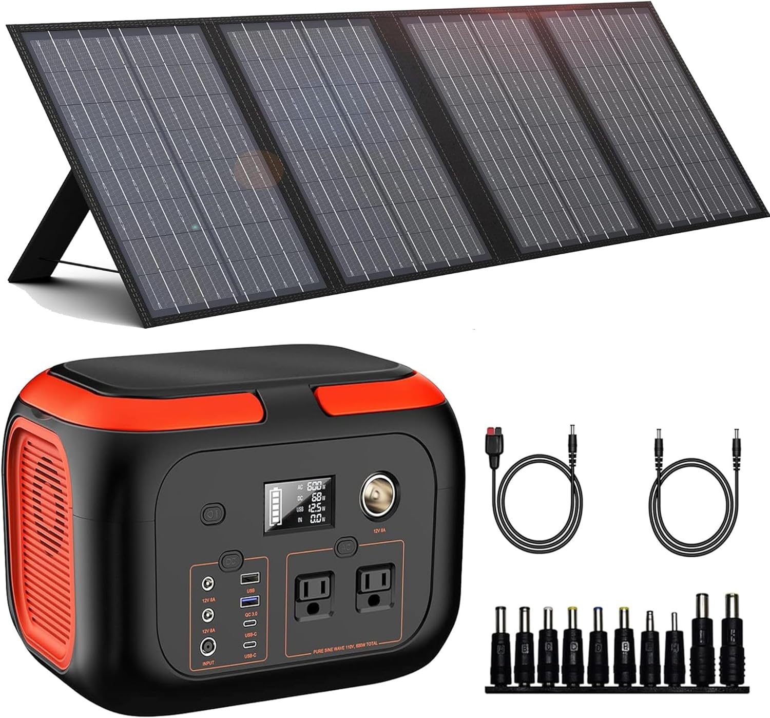 296Wh 600W Portable Power Station with 60W Solar Panel, Solar Generator Outdoor Backup Battery Supply with AC Outlet for Tent Camping, Home Emergency, Traveling, RV Trip