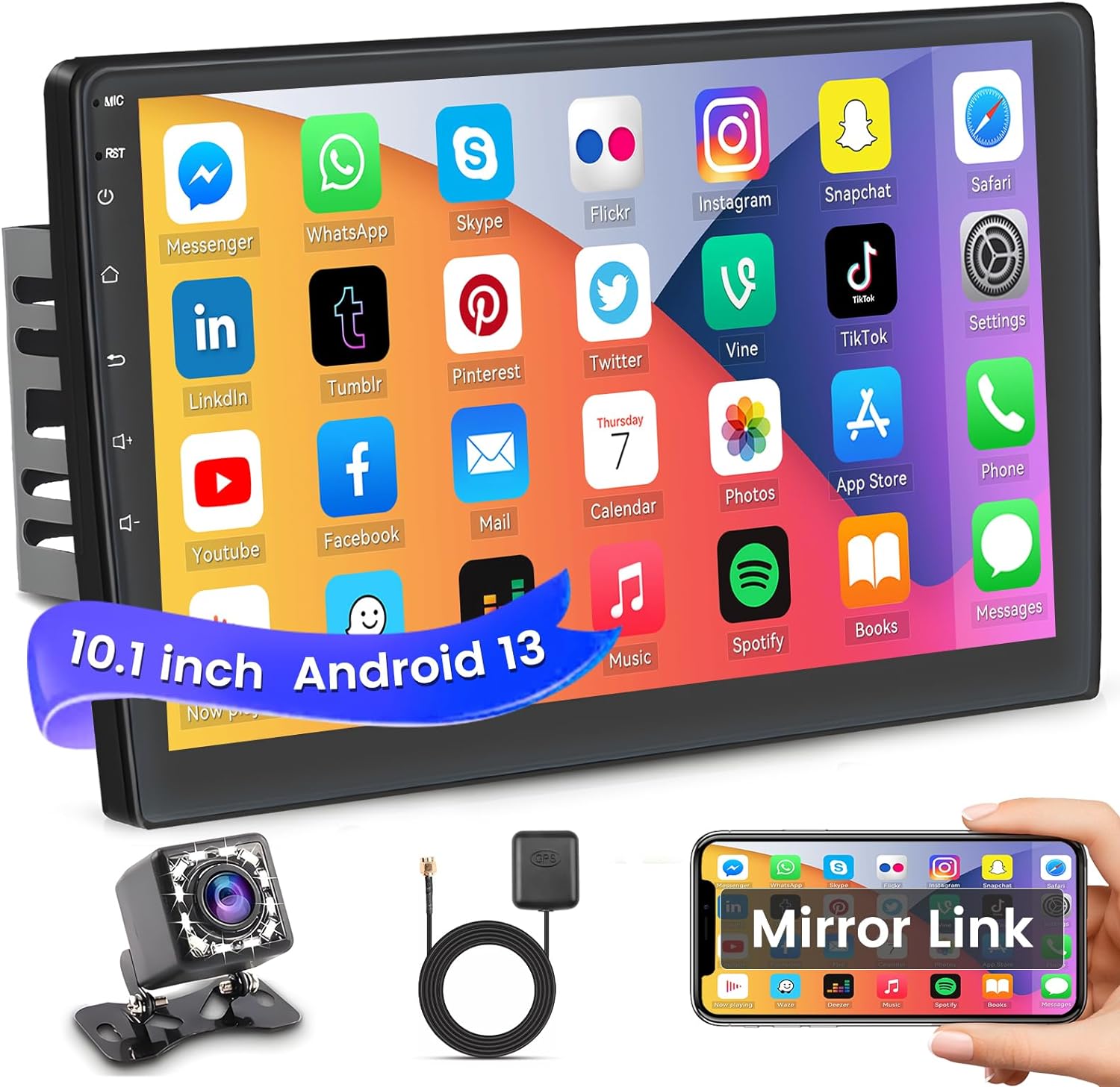 Hikity 10.1 Inch Android Car Stereo Touch Screen Double Din Car Radio WiFi Bluetooth GPS Navigation FM Radio Support Mirror Link for Android/iOS Phone, with 12 Led Lights HD Rear View Camera