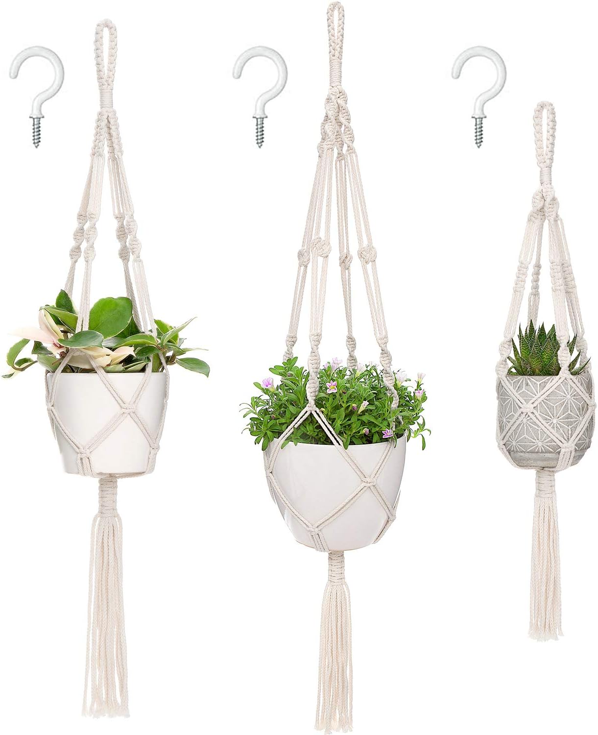 Mkono Macrame Plant Hangers, 3 Different Sizes Indoor Hanging Planters Basket Decorative Flower Pots Holder Stand Boho Home Decor, Ivory