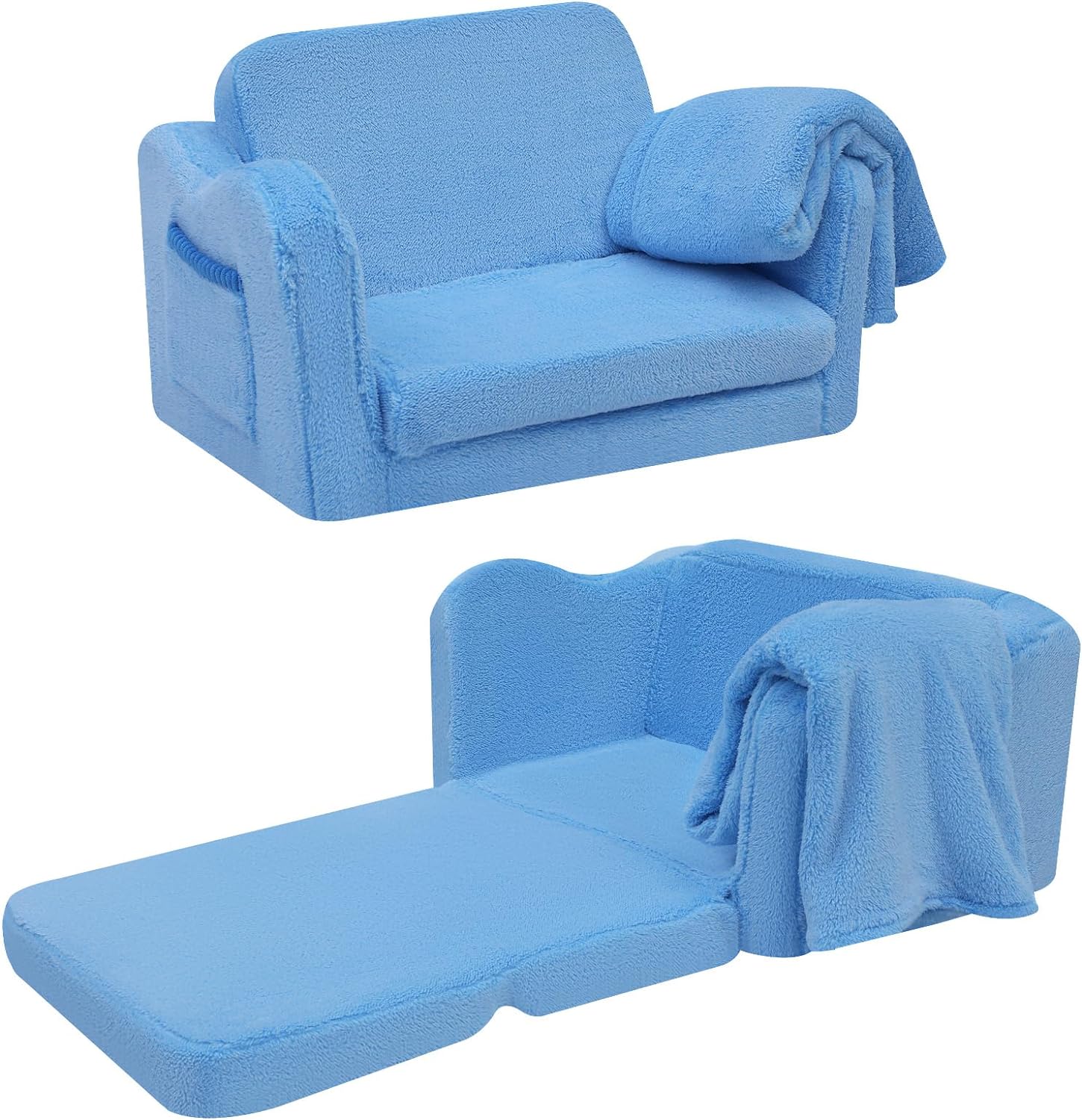 MeMoreCool Toddler Couch Fold Out Kids Couch for Playroom, Flip Out Kids Chair for Toddlers Girls Boys, Fold Up Kids Sofa Convertible Sofa to Folding Lounger, Pull Out Baby Couch Plush Blue