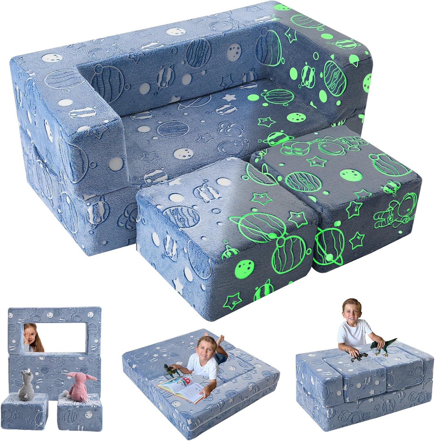 MeMoreCool Kids Couch Toddler Couch, Glow in The Dark Star Kids Couch Fold Out, Baby Couch Kids Bedroom Furniture, Kids Sofa Play Couch for Playroom, Modular Mini Couch for Kids, Blue Kid Furniture