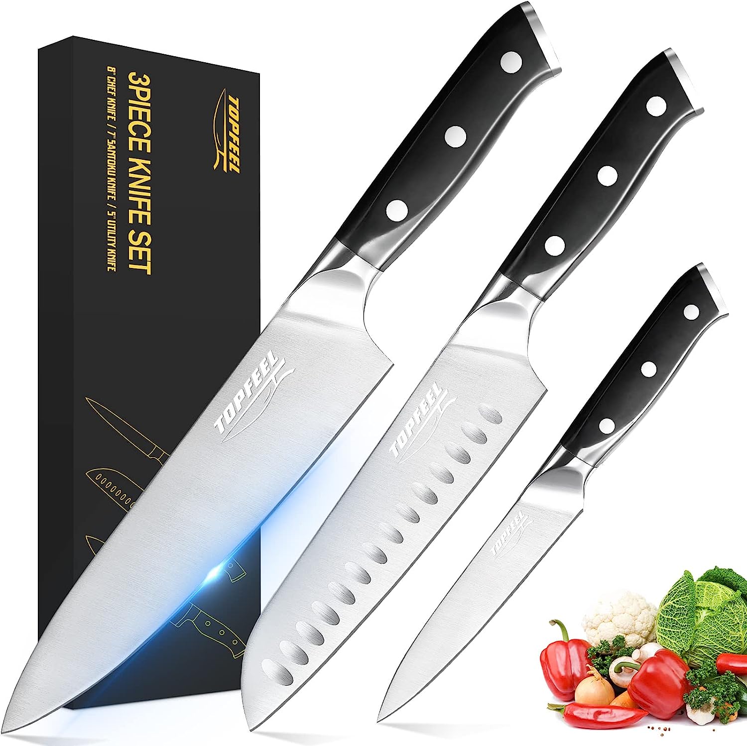 Topfeel Professional Chef Knife Set Sharp Knife, German High Carbon Stainless Steel Kitchen Knife Set 3 PCS-8 Chefs Knife &7 Santoku Knife&5 Utility Knife, Knives Set for Kitchen with Gift Box
