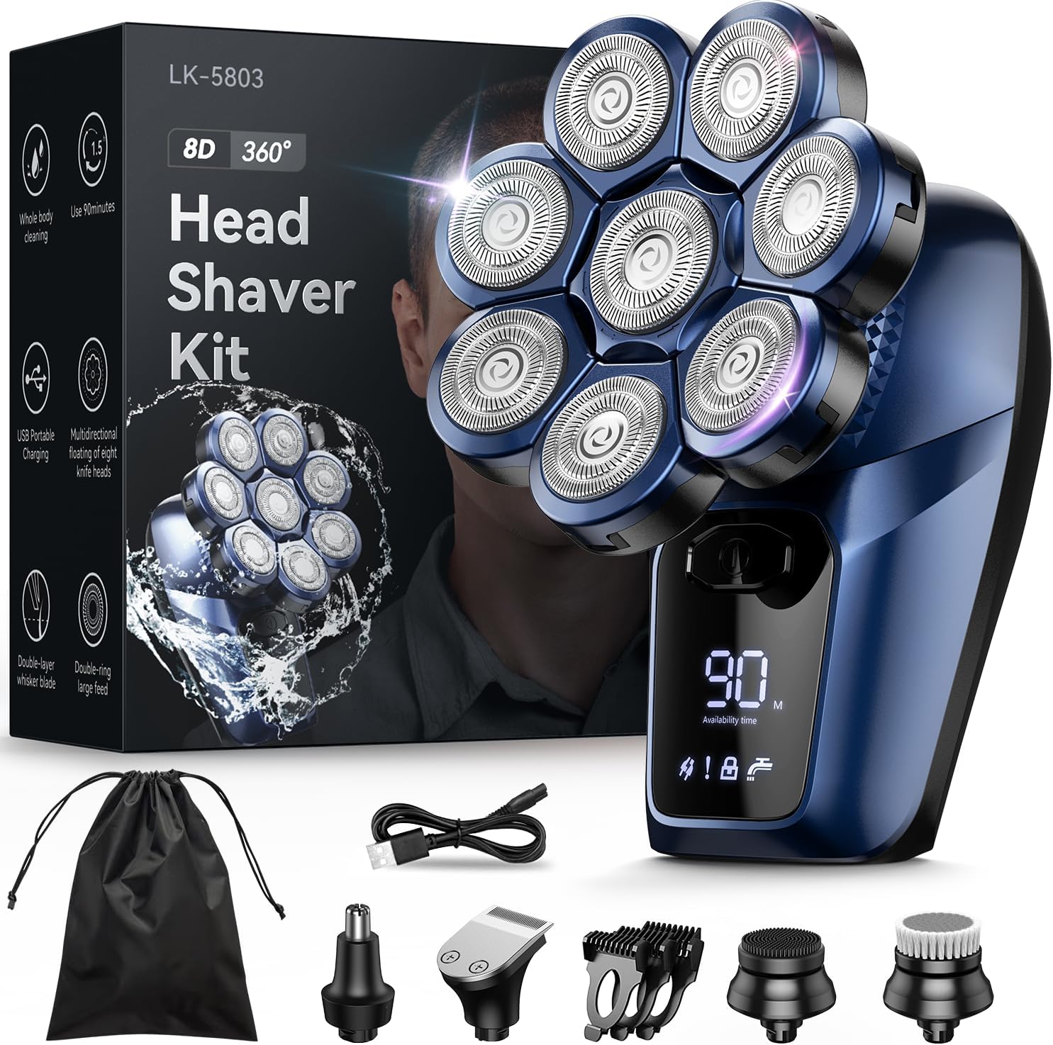 8D Head Shavers for Bald Men, Bazivve Upgraded Men' Rotary Shaver with Nose Hair Trimmer, Waterproof Electric Razor Grooming Kit with LED Display, Cordless, Portable