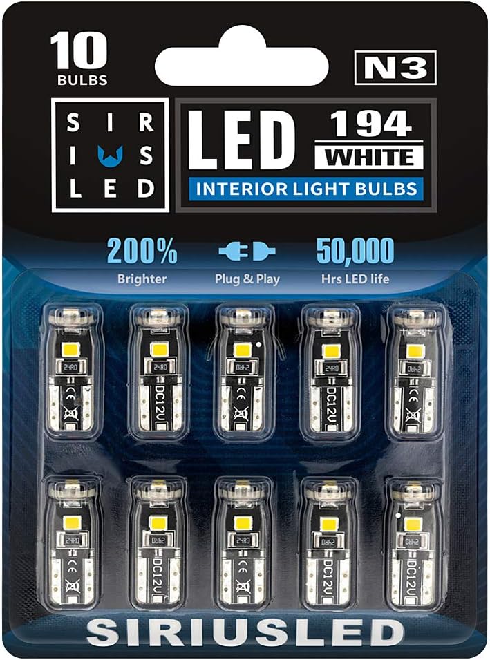 SIR IUS LED 194 LED Bulbs Extremely Super Bright 3030 Chipset for Car truck Interior Dome Map Door Courtesy Marker License Plate Lights Compact Wedge T10 168 2825 Xenon White Pack of 10