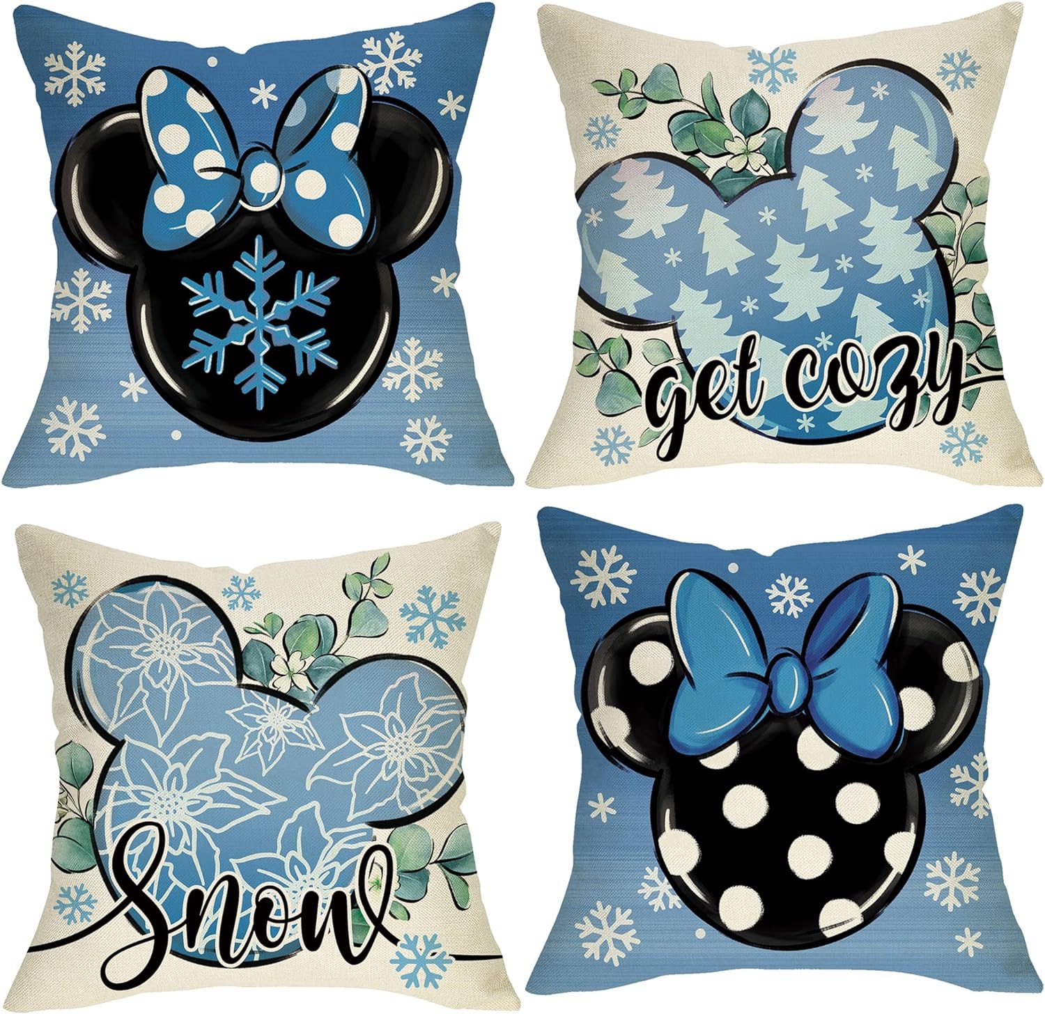 Winter Cartoon Mouse Decorative Throw Pillow Covers 18 x 18 Set of 4, Blue Snow Polka Dot Pine Tree Poinsettia Outdoor Home Decor, Get Cozy Christmas Holiday Couch Cushion Case