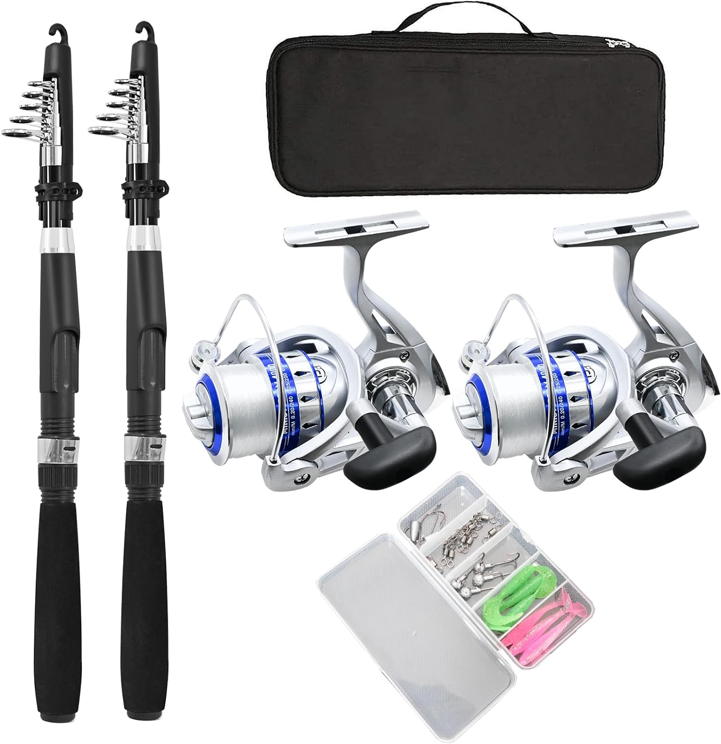 Fishing Pole Combo Set,2.1m/6.89ft 2PCS Collapsible Rods 2PCS Spinning Reels Lures Set Carrier Bag Carbon Fiber Telescopic Fishing Rods Sea Saltwater Freshwater Kit Fishing Rod Reel Combos