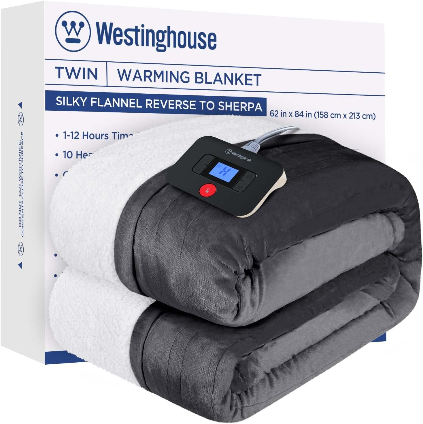 Westinghouse Electric Blanket Twin, Heated Blanket Twin Size with 10 Heating Levels and 1 to 12 Hours Heating Time Settings, Flannel to Sherpa Reversible, Machine Washable (62 x 84, Charcoal)