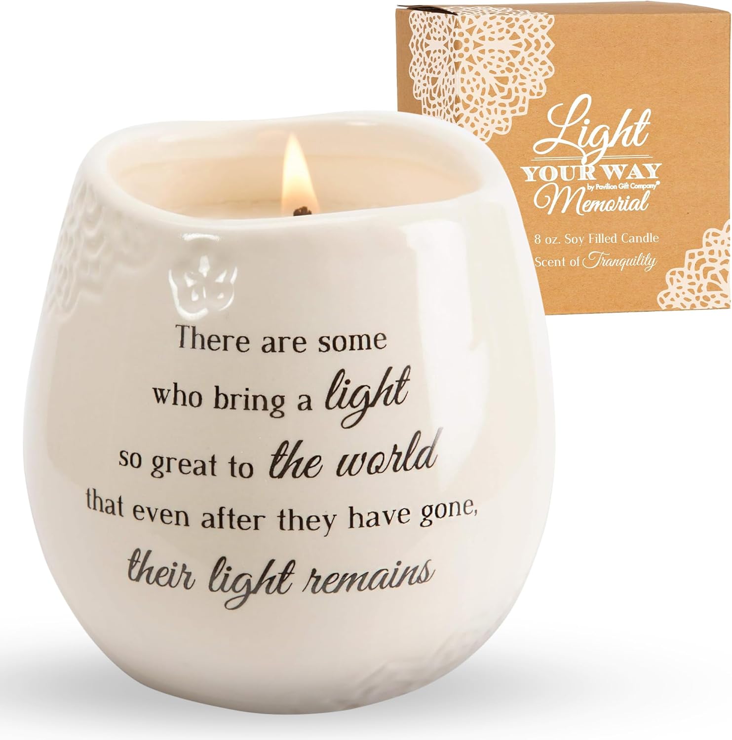 Pavilion 'In Memory, Light Remains' 19176 - White Ceramic Candle with Soy Wax in a Delicate Floral Scent, Thoughtful Sympathy, Remembrance, and Condolence Gift - 8 Ounces