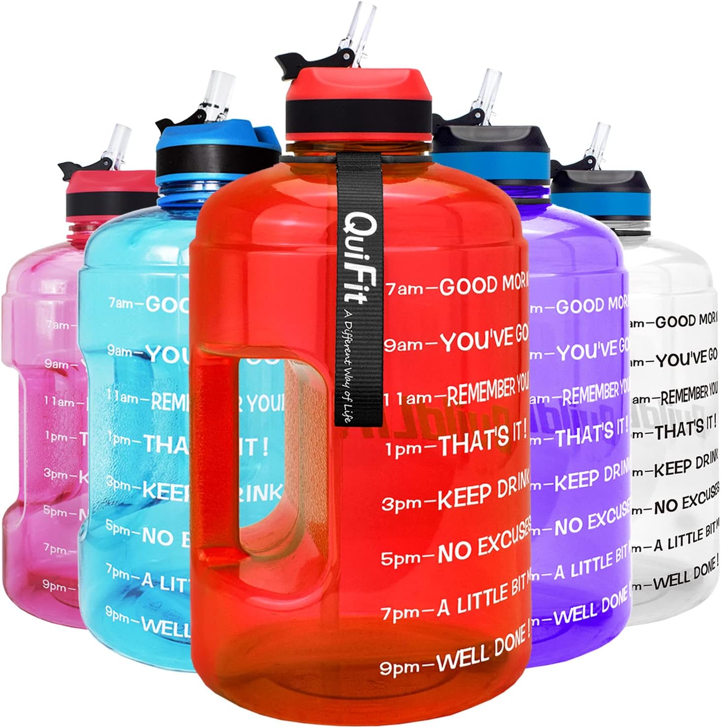 QuiFit Motivational Gallon Water Bottle - with Straw & Time Marker BPA Free Large Reusable Sport Water Jug with Handle for Fitness Outdoor Enthusiasts Leak-Proof