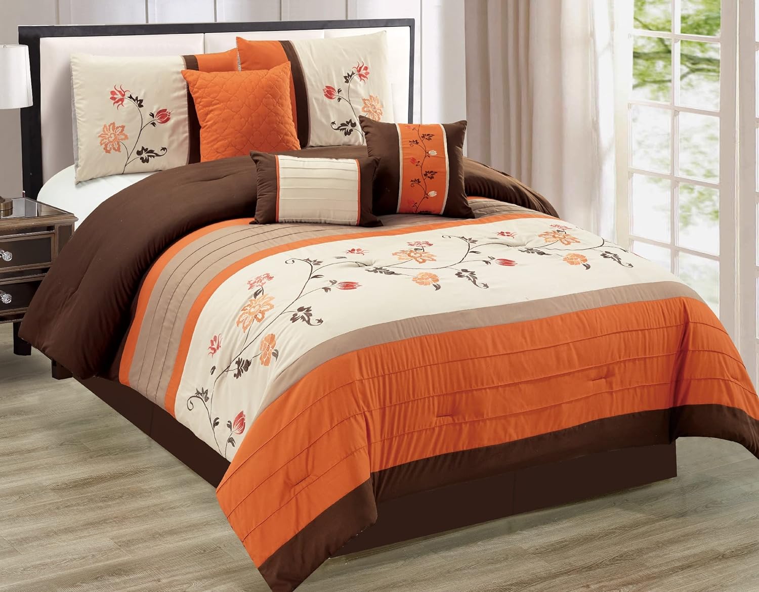 Chezmoi Collection 7-Piece Embroidered Floral Scroll Pleated Orange/Chocolate/Taupe/Tan Bedding Comforter Set (90 "x 92" Queen)