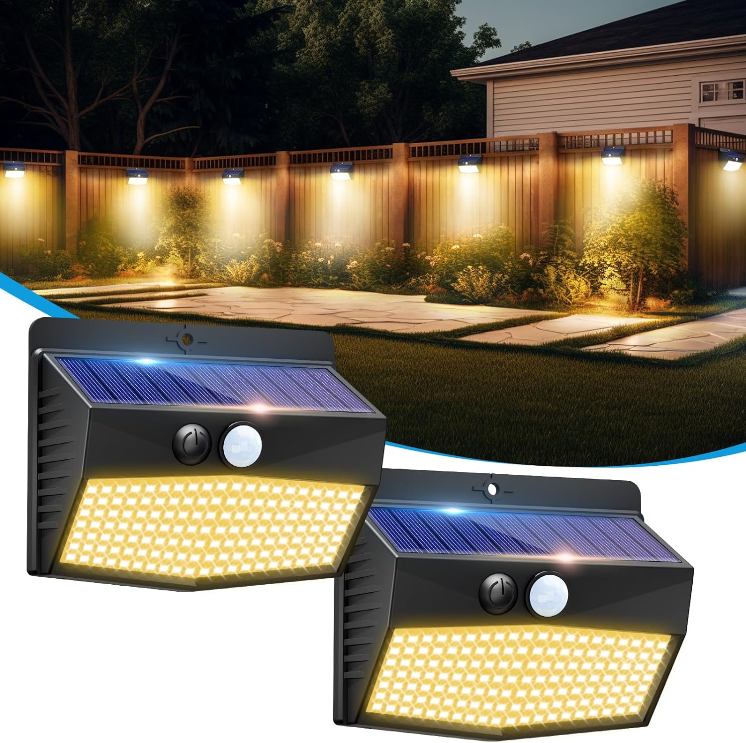 Solar Motion Sensor Outdoor Lights [138 LED/2 Packs] Solar Security Lights Outdoor with 3 Lighting Modes Solar Powered Lights Waterproof for Outside Wall Garden Fence Backyard Deck, Warm White