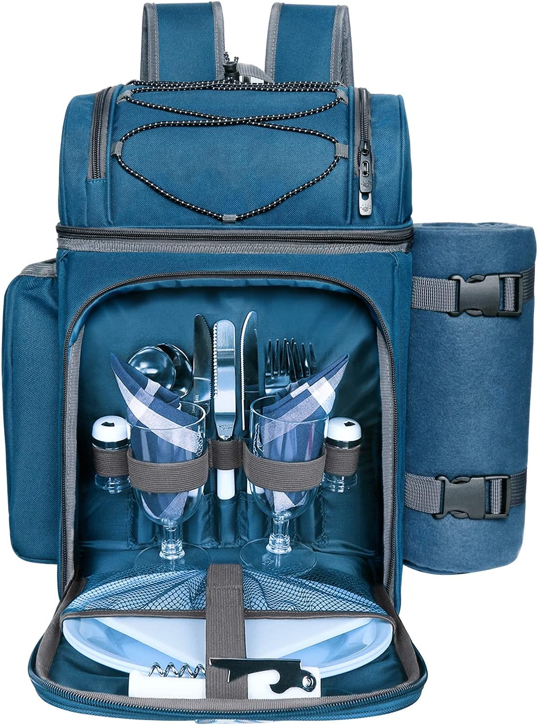 Hap Tim Picnic Basket Backpack for 2 Person with Insulated Leak Proof Cooler Compartment,Wine Holder,Fleece Blanket,Cutlery Set, Engagement Gifts, Mr and Mrs Gifts, Couples Gifts, Blue (36083-BL2)