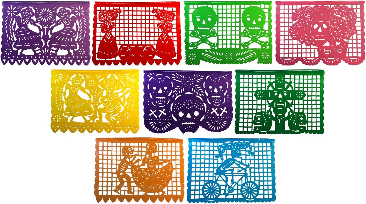 Regular Size Plastic Day of the Dead Papel Picado Banner I Un Dia de Memoria I Decorations for Dia De Los Muertos I Banner has 9 Regular Panels and is over 14ft Hanging