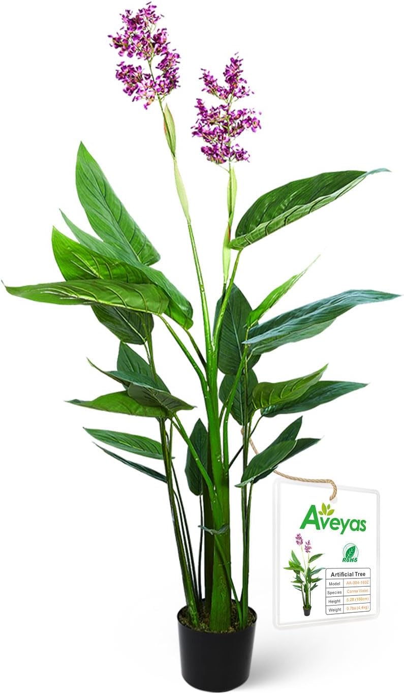 Aveyas 5ft Artificial Canna Violet Tree with Flowers for Home Decor, 5 Feet Faux Tropical Plant Fake Silk Trees with Pot for Indoor Outdoor House Porch Living Room Office (5 ft Tall)