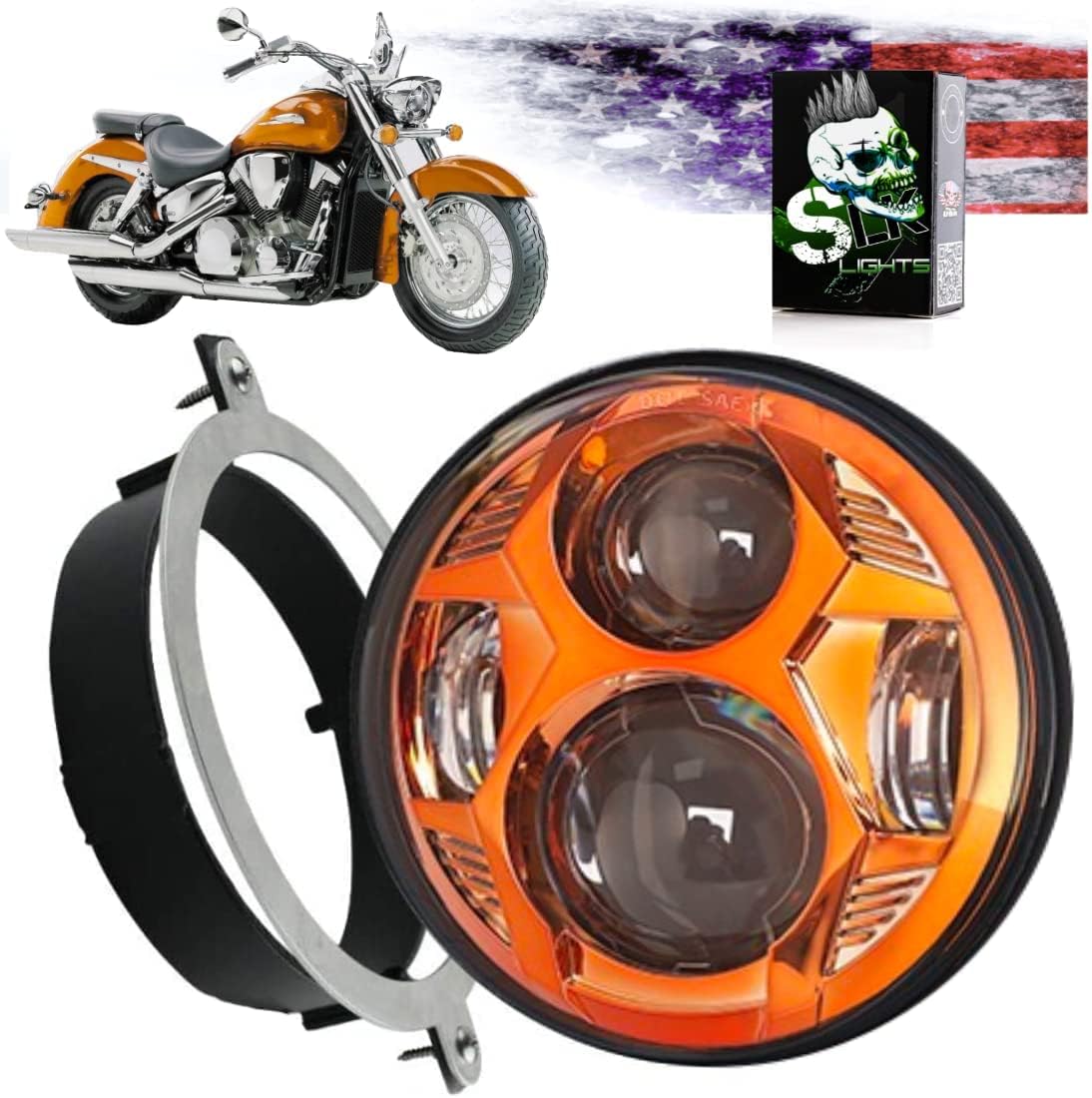 VTX 5 3/4 LED ORANGE Headlight Kit with Bracket and Hardware - Plug and Play Daymaker - Compatible with Honda VTX non F models (Orange)