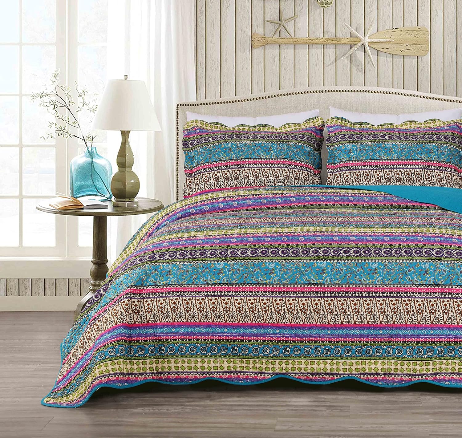 Chezmoi Collection Odette 3-Piece Boho Chic Blue Pink and Purple Pre-Washed 100% Cotton Bohemian Bedspread Quilt Set, King Size