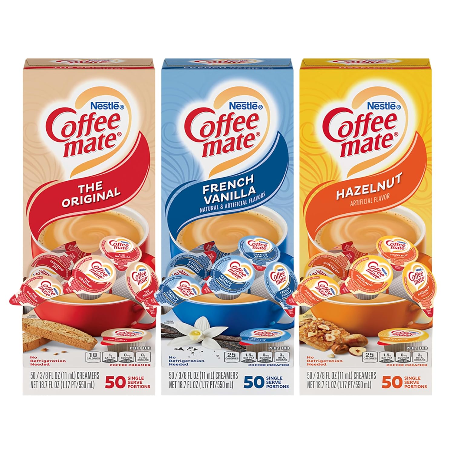 Nestle Coffee Mate Creamer Singles Variety Pack, Original, French Vanilla, Hazelnut, Non Dairy, No Refrigeration, 150 Count (Pack of 3)