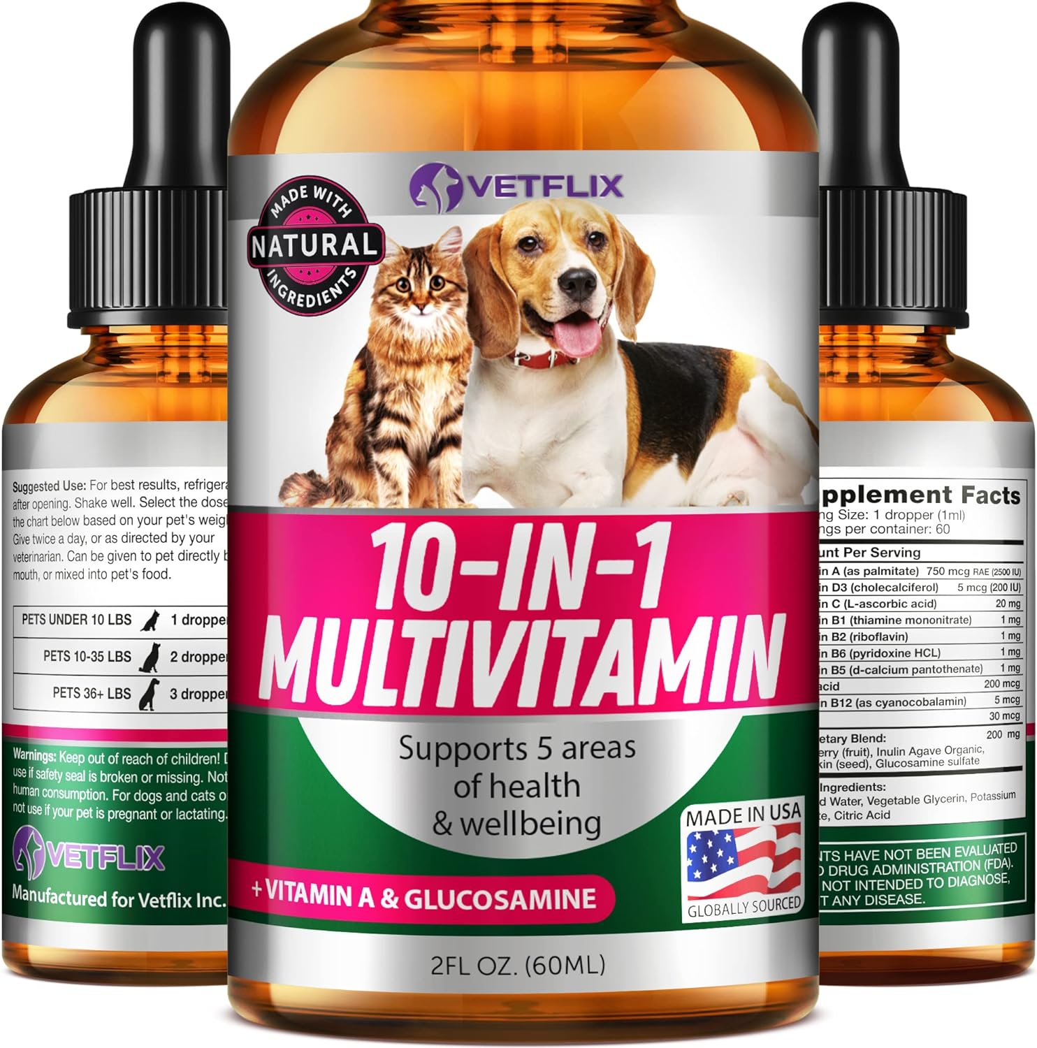 Vetflix Pet Vitamins 10-in-1 Made in USA - Natural Glucosamine for Dogs & Cats, Essential Multivitamin Blend for Pet Joint Health, Longevity, Gut & Immune Health - All Ages, Breeds and Sizes 2 fl oz