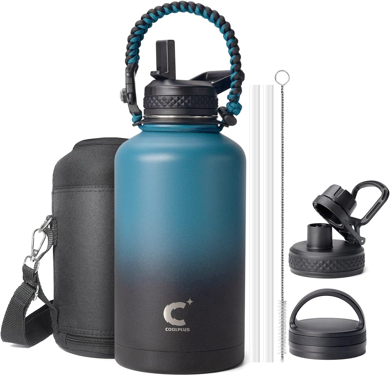 Coolplus Insulated Water Bottle 64 oz, Triple Wall Vacuum Stainless Steel (Cold for 48 Hrs), Leak Proof & BPA-Free, Half Gallon Water Flask Jug with Paracord Handle & 3 Lids, Blue Black