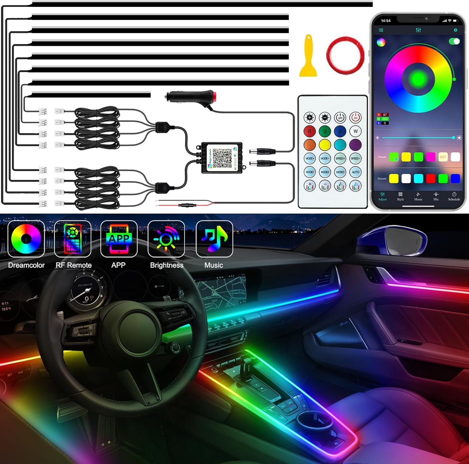 Interior Car LED Strip Lights, Acrylic LED Lights for Car with Dynamic Dreamcolor Chasing, 8 in 1 Car Ambient Lighting Kits, 235 inches 800 LEDs Music Sync Wireless APP and RF Remote Control