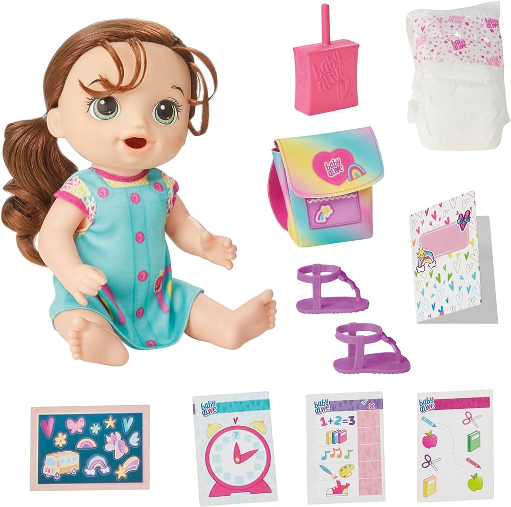 The Baby Alive Time for School Baby Doll Set is an excellent choice for kids who love to engage in pretend play and learn about routines. This set features a delightfully cute 12-inch baby doll with a charming school-themed outfit, perfect for imaginative school role-playing. The doll's size is ideal for little hands, making it easy for 3-year-old girls and boys to handle and carry around.Educational Value:- Encourages nurturing skills and a sense of responsibility as children prepare the doll for school.- Helps children understand the concept of school and the importance of education through play.- Enhances fine motor skills development as children interact with the doll and its accessories.Unique Features:- Doll has lifelike features, including movable limbs and soft hair that can be styled.- The set includes school-themed accessories such as a backpack, notebook, and pencil, further enriching the play experience.- The doll can also be fed and changed, adding another layer of realism to the play.Quality:- Made with durable materials, the Baby Alive Time for School Baby Doll Set is designed to withstand the rough and tumble of everyday play.- The doll and all accessories are made with non-toxic materials, ensuring safety for young children.Overall, this Baby Alive set is not only a fun toy that will keep children engaged for hours but also serves as a great tool for teaching the routines and excitement of going to school. It's an adorable addition to any child's toy collection and an excellent gift to prepare a little one for their educational journey.