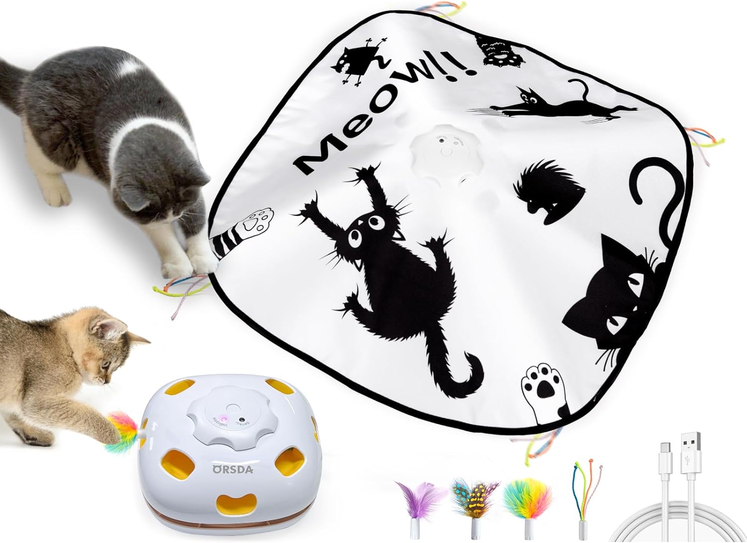 ORSDA Cat Toys Rechargeable, 4in 1 Interactive Automatic Indoor Cats Toy with 8 Holes Mice Whack-A-Mole, Hide and Seek Smart Motion Kitten Toys with 5Pcs DIY Replacement Refills