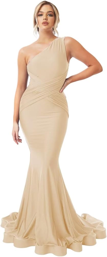 One Shoulder Mermaid Bridesmaid Dresses for Wedding Ruched Bodycon Prom Dress Long Formal Evening Gowns