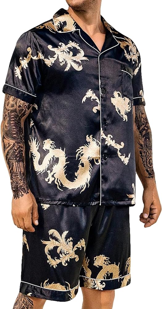 SOLY HUX Men's Silk Satin Dragon Print Pajamas Set Short Sleeve Button Down Shirt and Shorts Sleepwear