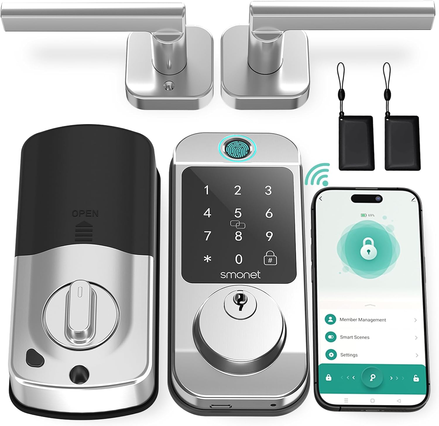 WiFi Door Lock with Handle Set - SMONET Fingerprint Smart Locks for Front Door, Deadbolt Keypad Bluetooth Digital Lock Set with Alexa, App Remote Control, Auto Lock, for Home Silver