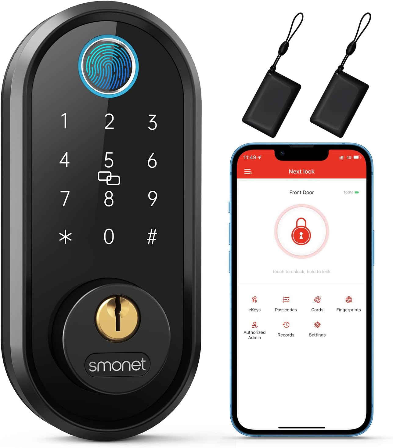 Smart Lock, SMONET Fingerprint Door Lock Smart Deadbolt Keyless Entry - Electronic Digital Keypad with Biometric Fingerprint, Smartphone App Auto Lock Bluetooth Keys Fobs Smartlock for Alexa, Home