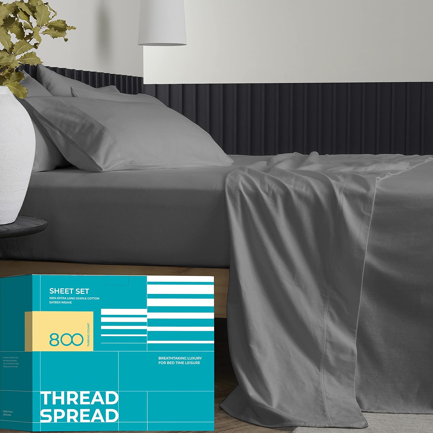 THREAD SPREAD 100% Egyptian Cotton King Bed Sheets - 800 Thread Count 4-Piece King Sheet Set, Sateen Weave Luxury Hotel Sheets, Cooling Bedsheet, 16" Deep Pocket (Fits Upto 18" Mattress) - Dark Gray
