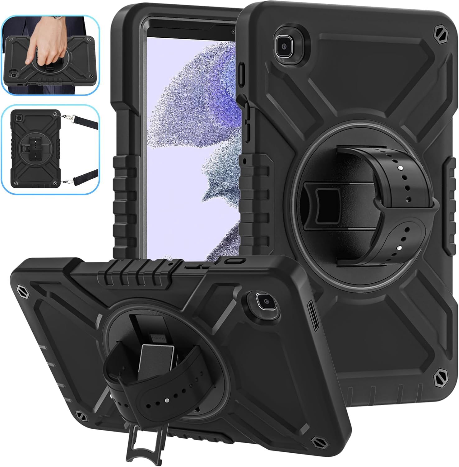 Fingic Samsung Galaxy Tab A7 Lite Case 8.7 Inch 2021[with 360 Rotating Stand Handle]with Hand Strap Shoulder Strap Slim Shockproof Military Grade Silicone Protection Case for SM-T220/T225/T227,Black