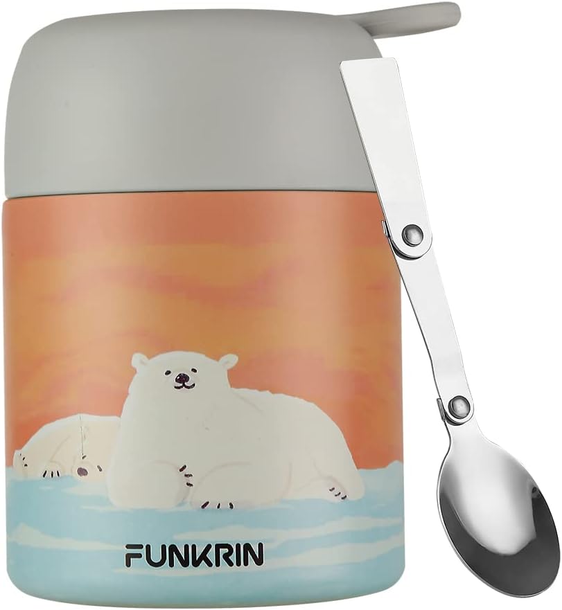 Funkrin 16oz Thermos for Hot Food, Stainless Steel Lunch Box for Kids Adults, Insulated Food Jar with Folding Spoon, Vacuum Leak Proof Soup Container for Hot & Cold Food