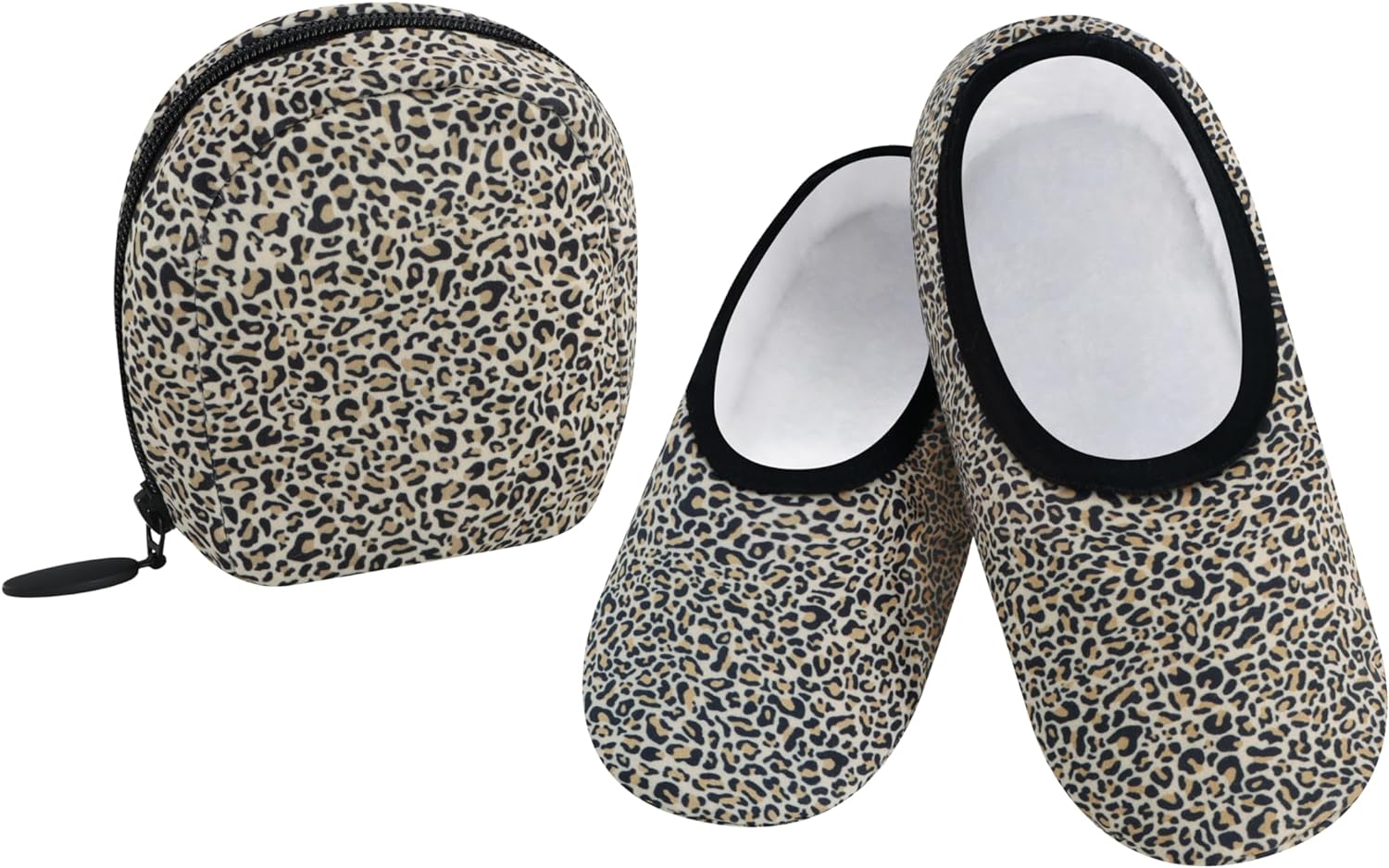 Snoozies Skinnies Slipper Socks & Travel Pouch  Non Slip Socks, Foldable Slippers for Women with Travel Pouch - Leopard