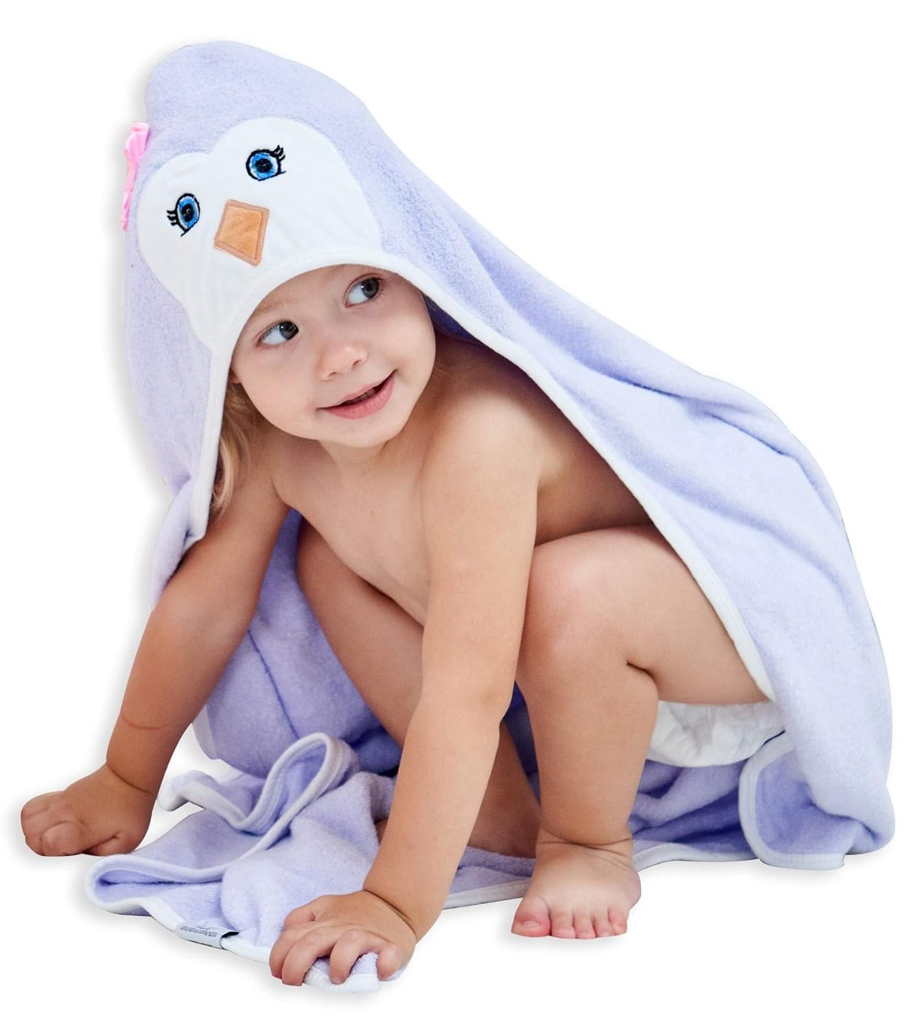 HIPHOP PANDA Hooded Towel - Rayon Made from Bamboo, Bath Towel with Bear Ears for Newborn, Babie, Toddler, Infant - Absorbent Large Baby Towel - Purple Penguin, 30 x 30 Inch