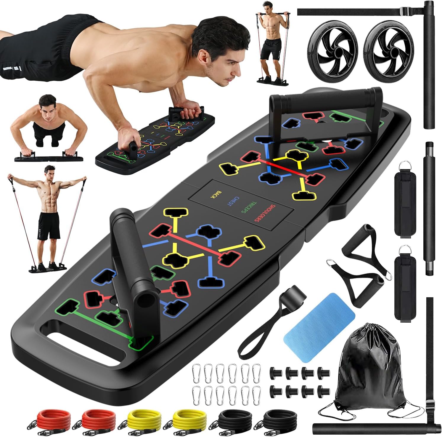 Push Up Board,Home Gym,Portable Exercise Equipment,Pilates Bar & 20 Fitness Accessories with Resistance Bands & Ab Roller Wheel,Full Body Workout at Home