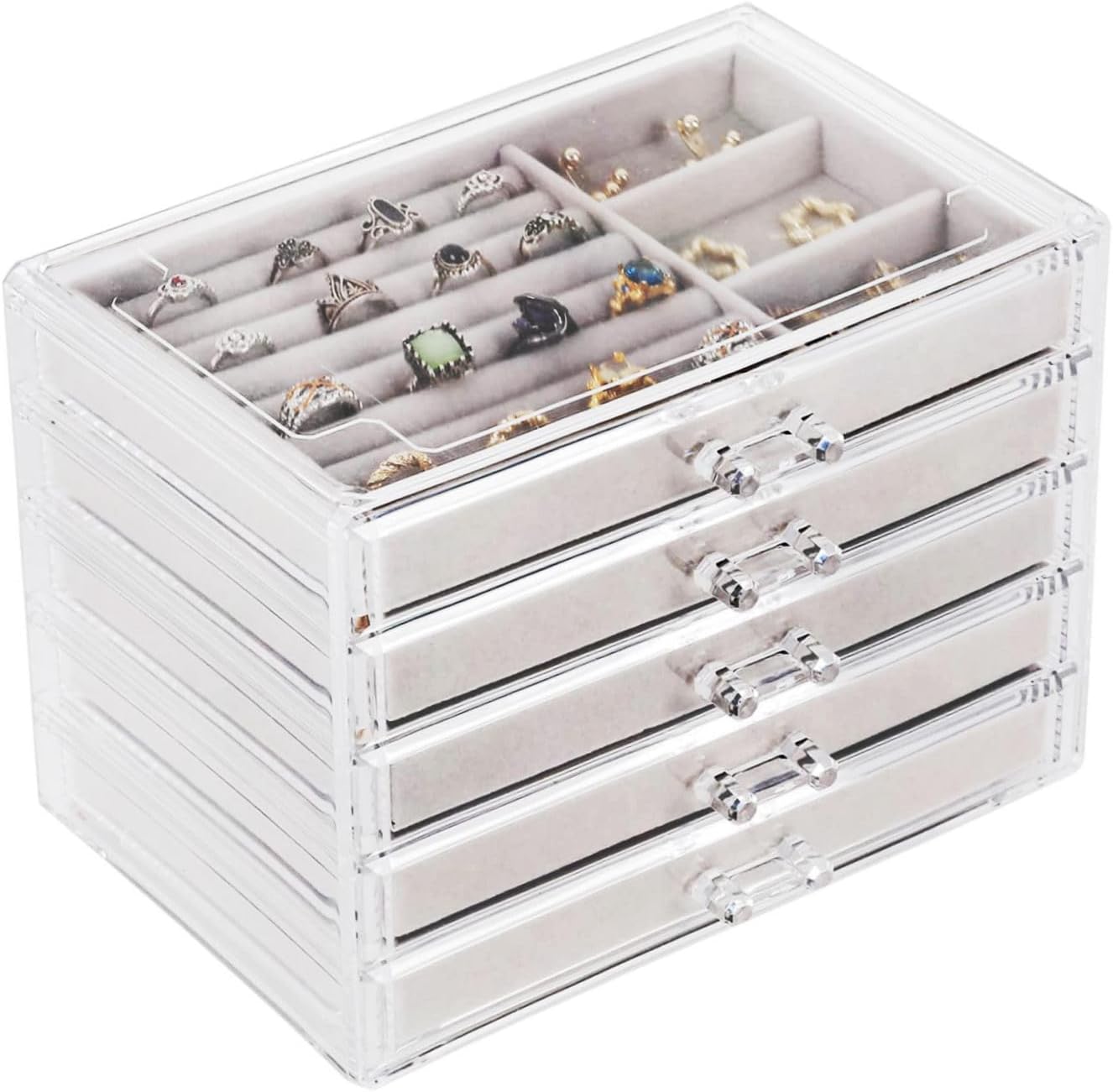 Cq acrylic Earring Jewelry Organizer with 5 Drawers, Clear Acrylic Jewelry Box for Women,Stackable Velvet Earring Display Holder for Jewelry Earrings Ring Bracelet,Gift for Women,Grey