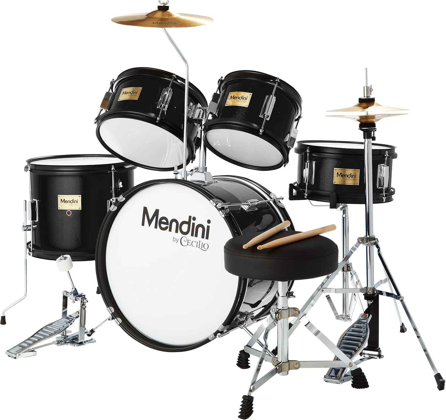 Mendini by Cecilio Kids Drum Set 5 Piece - Full 16in Youth Drumset with Bass, Toms, Snare Drum, Cymbal, Hi-Hat, Drumsticks & Seat for 5 to 12 Year Old and Beginner Adult Set - Black